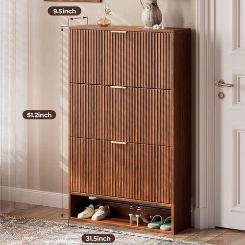 Image of Evermagin 31.5''W Walnut Shoe Cabinet Storage for Entryway, Fluted Slim Shoe Dresser with 3 Flip Drawers, Narrow Shoe Rack Cabinet, Hidden Shoe Organizer Cabinet for Entrance, Hallway