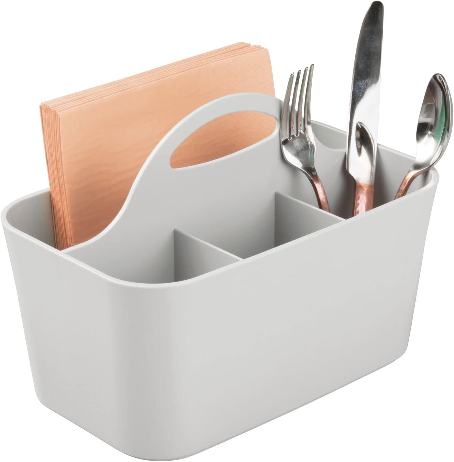 mDesignPlastic Cutlery Storage Organizer Caddy Bin Tote with Handle - Kitchen Cabinet Divided Pantry Basket for Forks, Knives, Spoons, Napkins, Indoor/Outdoor Use, Lumiere Collection, Light Gray