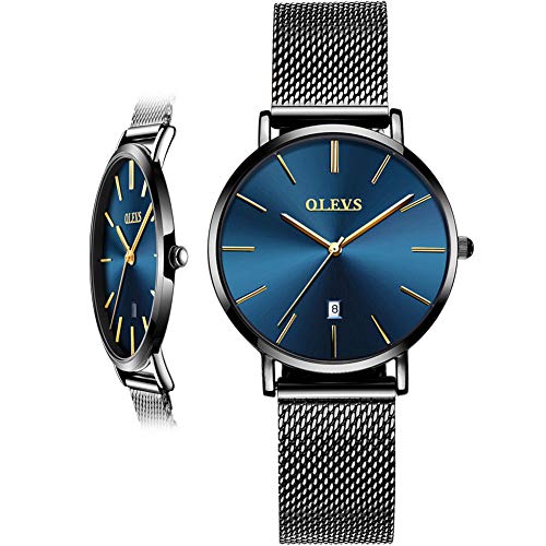 Woman Watch Mesh Black Stainless Steel,Female Watches with Date, Ultra Thin Watches for Women,Fashion Ladies Watch Small,Simple Quartz Ladies Watch Waterproof,Casual Lady Watches Analog Blue Dial