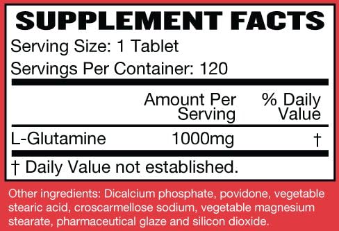 Raw Barrel Glutamine Tablets - with Natural Ingredients, Pure, Non GMO, Soy and Caffeine Free - 120 L-Glutamine Pills at 1000mg - Amino Acid Supplement