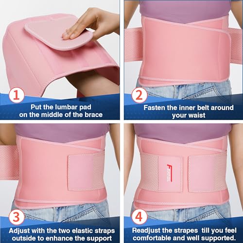 Image of FEATOL Back Brace for Lower Back Pain, Breathable Back Support Belt for Women & Men with Lumbar Pad, Lumbar Support Belt for Heavy Lifting & Work, Pink, L /XL (Circumference:30-38.6 inch)