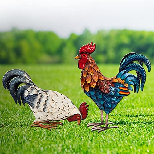 Metal Rooster Statues, Outdoor Garden Statues, Metal Chicken Decor, Garden Sculptures & Statues, Chicken Ornaments Yard Art for Backyard Patio Lawn Decorations, Set of 2