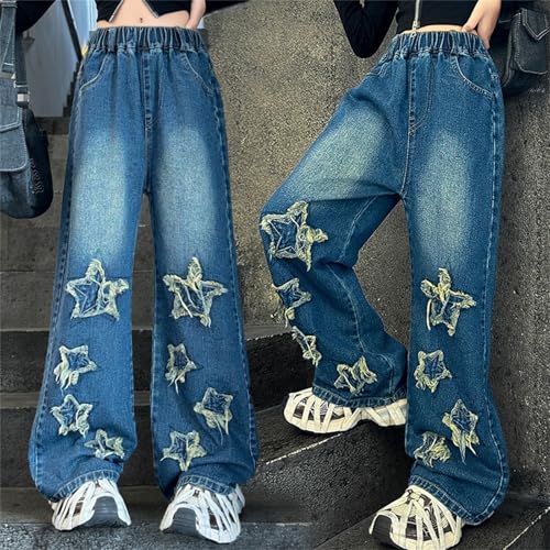 Girls Cute Star Patchwork Jeans Wide Leg Baggy High Elastic Waist Pants 𝐇ip Hop 𝐏reppy Streetwears with Pokets3