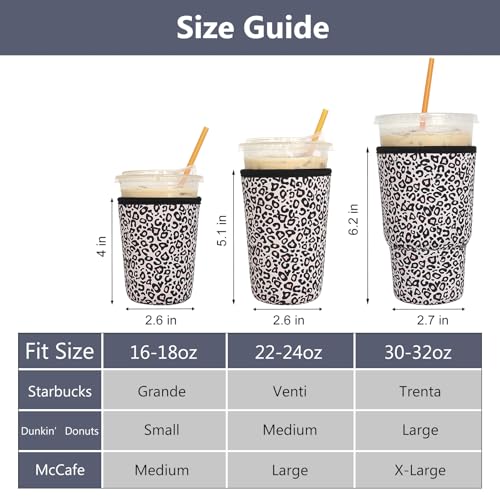 Image of 3 Pack Reusable Iced Coffee Sleeves - Xumbtvs Insulator Sleeve for Cold Beverages, Neoprene Coffee Cup Holder (Leopard print)