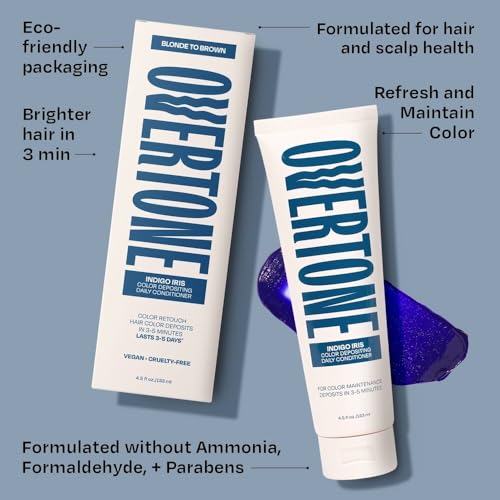 Image of Overtone Daily Color Depositing Conditioner - 4.5 oz Temporary Coloring Conditioner w /Shea Butter & Coconut Oil - Refresh Color & Prevent Fading - Vegan & Cruelty-Free, Blue for Brown is Indigo Iris