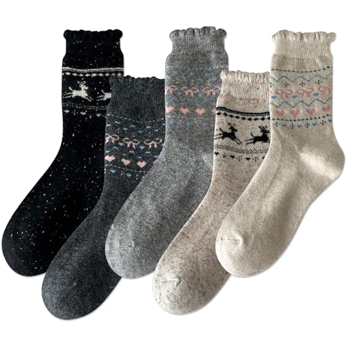 Image of IIG Cute Warm Wool Socks for Women Super Cozy Thick Crew Winter Socks Gifts, 5 Pairs