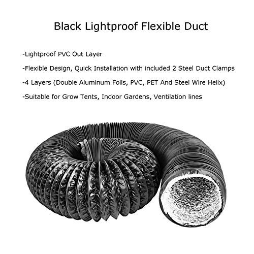 LOOTICH PVC Alu Flexrohr Ø153mm Länge 2.5m Abluftschlauch Flexibel Luftleitungen Rohr Flexschlauch für Badezimmer Küche Hydroponik HVAC Lüftung 2 Stück Schlauchschelle Edelstahl Schwarz