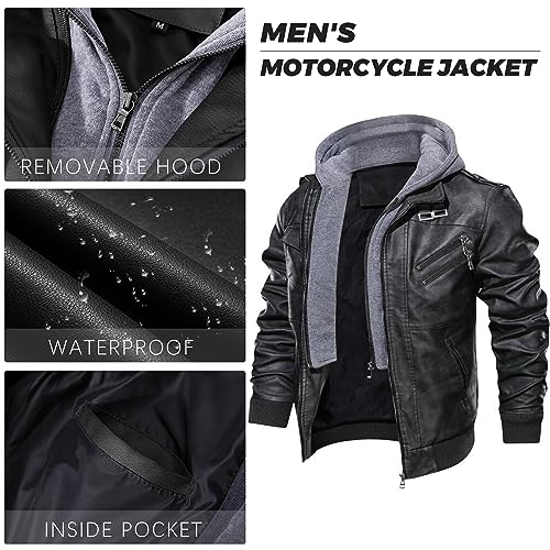 JYG Men's Faux Leather Jacket Stand Collar Motorcycle Bomber Jackets with Removable Hood4