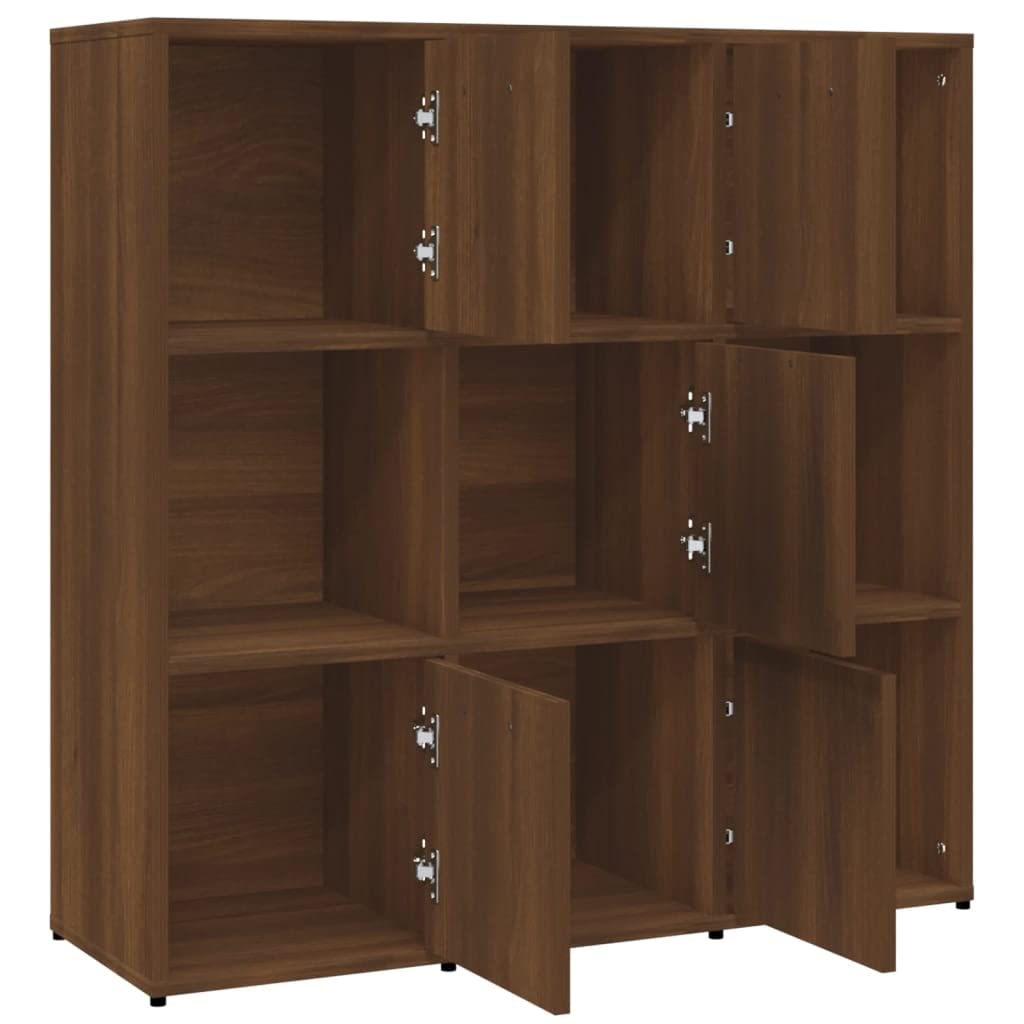 Générique Bibliotheque Chene brązowy 90x30x90 cm Wood Ingenierie | 9 przegródek, 5 drzwi, przechowywanie książek DVD, solidny top, mocowanie ścienne w zestawie