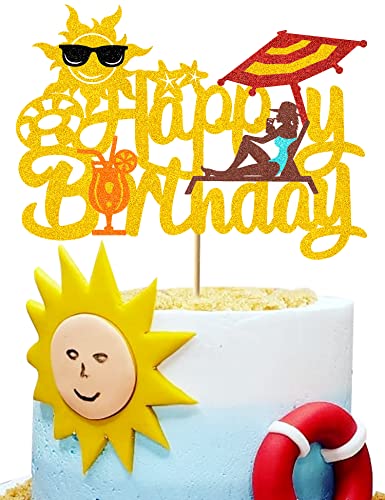 Bdayshop Summer Beach Cake Topper Swimming Pool Decorations Glitter Gold Hawaiian Toppers For Girls Women Chair Sun Umbrella Holiday Happy Birthday Party Supplies #TOP5