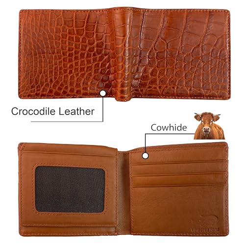 Image of HATA Light Brown Exotic Bifold Leather Wallet with Hidden Compartment, Men's Minimalist Wallets RFID Blocking & ID Window Card Holder, Handmade Gift for Birthday, Anniversary, Father's Day VINAM-30