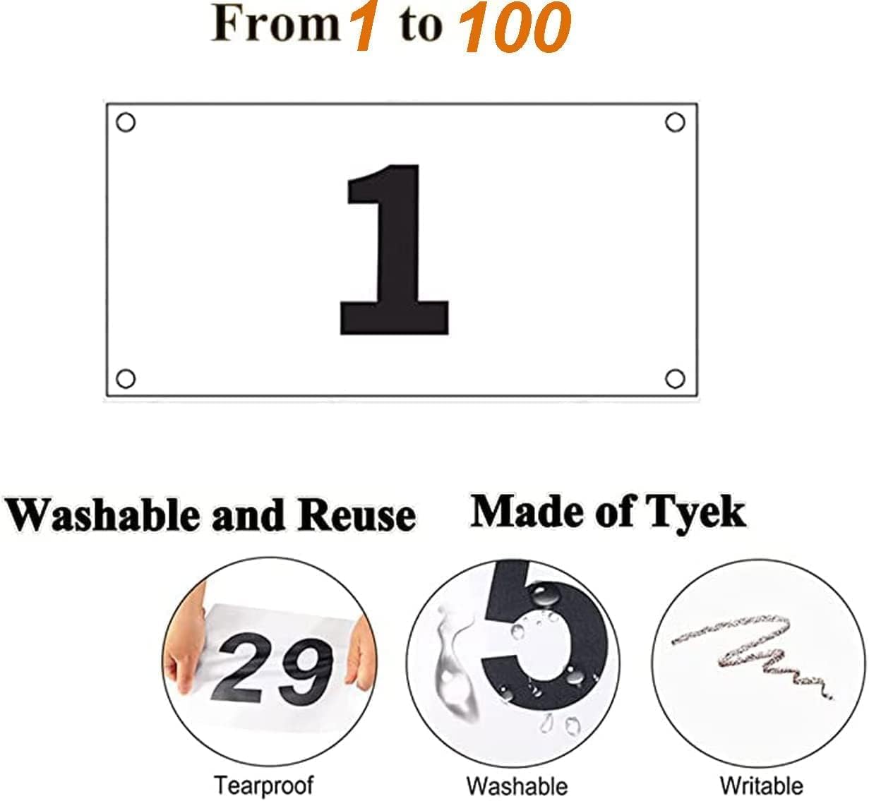 1-100 - Bavaglini da corsa, numeri grandi, con spille da balia per maratona, eventi, in Tyvek, antistrappo, impermeabili, 17,8 x 10,2 cm