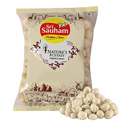 Image of Sri Sauham Premium Dry Fruits - 100% Natural Roasted Makhana (Fox Nuts) - 150 Gram | Crunchy Munchies, Gluten-Free Pantry Snack | Zero Calories, Zero Trans Fat, Zero Cholesterol | Rich in Calcium & Antioxidants