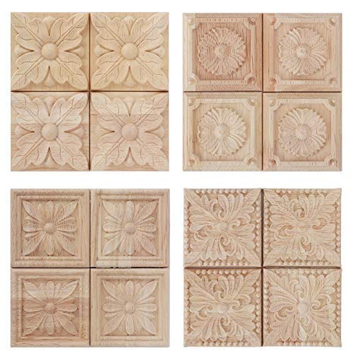 Aplique tallado de madera tallado sin pintar a cuadros calcomanía para muebles de la puerta del gabinete decoración 4pcs (3#)