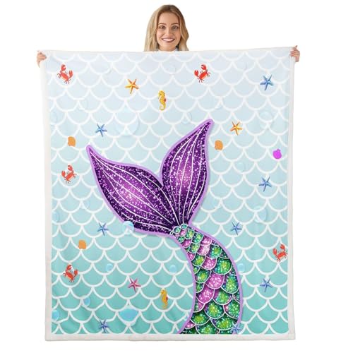 richhome Couverture 75x100cm Mignon Sirène Tail Couverture Polaire Flanelle Microfibre Vie Marine Plaid Jeté de Canapé Sirène Poissons Scale Décoration...