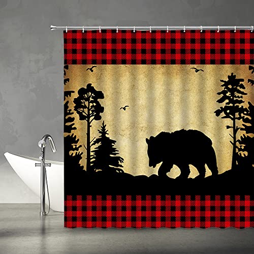 Black Bear Plaid Shower Curtain Red Black Buffalo Check Wildlife Hunting Cabin Farmhouse Lodge Forest Tree Silhouettes Camping Home Decor Fabric Bathroom Set With Hooks（70" Wx70 H） #TOP1