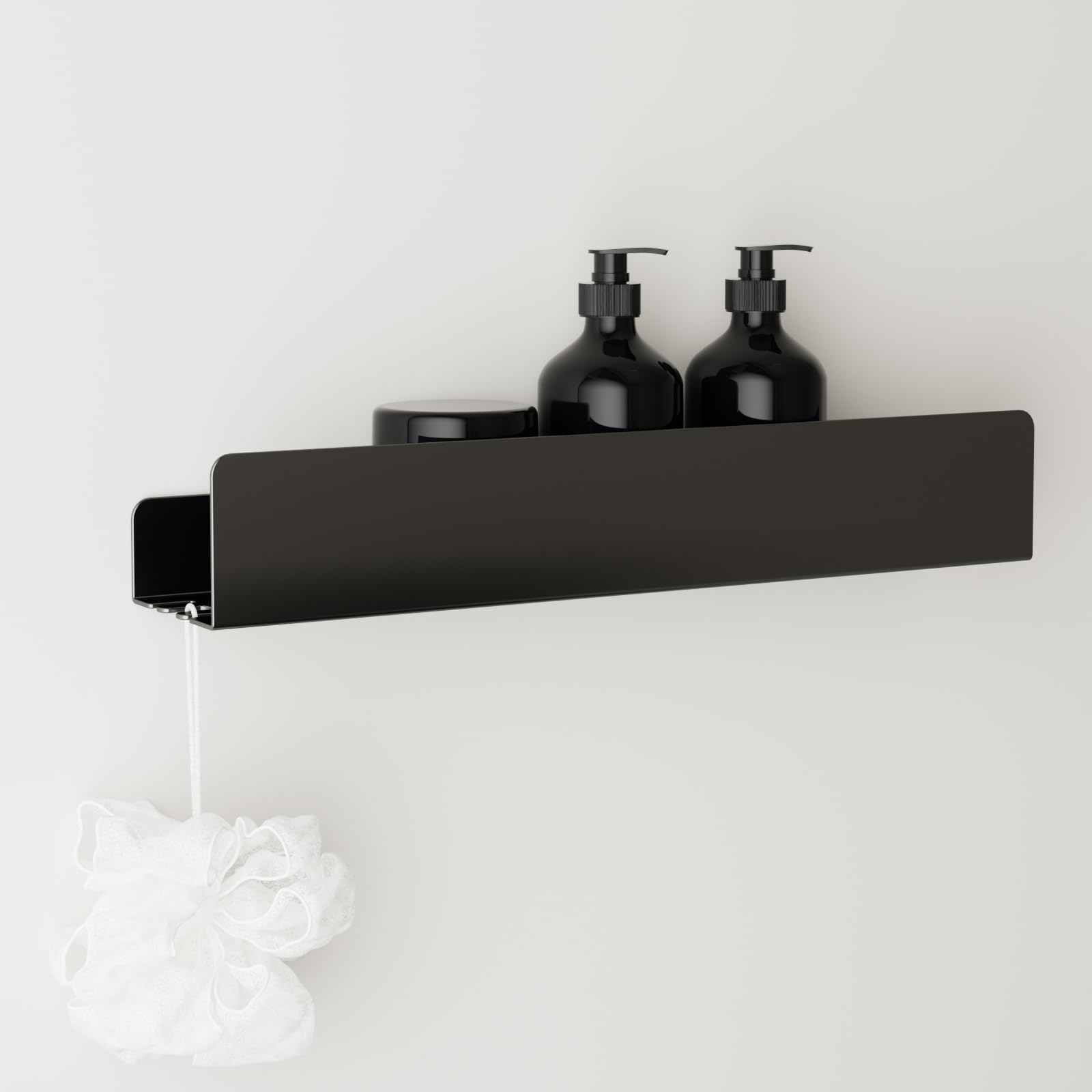 REKITA Duschablage ohne Bohren, Badezimmer Organizer 40 cm, Duschablage Edelstahl mit 4 Abnehmbaren Haken, Shampoo Halterung für Dusche, Hängeregal, Badregal Schwarz