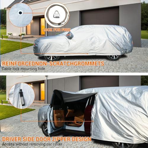 Image of Tecoom SUV Car Cover Waterproof All Weather, 3-Layer Fleece Lined Outdoor Indoor Cover with Zipper Door & Lock, UV Snow Hail Sun Protection, Fit for SUV (206 inch-215 inch)