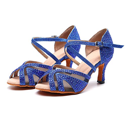 Fashion Ladies Dance Shoes Indoor Latin Tango Jazz Ballroom Dance Shoes Artificial Leather Dance Shoes Non- Slip Wear- Comfort Suitable for All Seasons (Color : Blue, Size : US8/EU39/UK6)