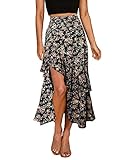 BTFBM Women 2024 Summer Spring Boho Long Skirts Dress Floral Print Elastic Waist Split Ruffle High Low Beach Maxi Skirt(Print Floral Black, Medium)