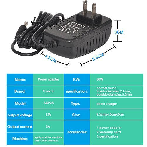 TMEZON 12 Volt 2A Power Adapter Supply AC to DC 2.1mm X 5.5mm Plug 12v 2 Amp Power Supply Wall Plug Extra Long 8 Foot Cord