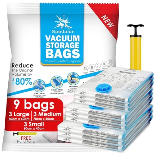 Spedalon Vacuum Storage Bags - Pack of 9 (3 Large + 3 Medium + 3...
