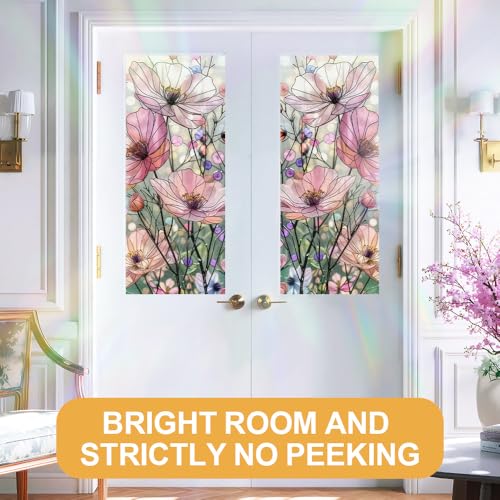 Image of Pink Cosmos Floral Stained Glass Window Film 17.32x39.37in