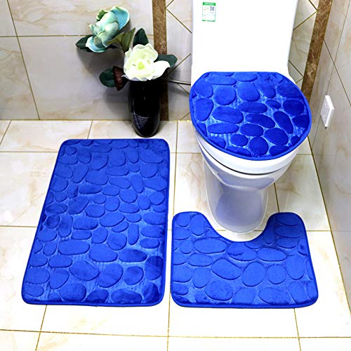 Namzi 2 Set Bathroom Rugs Set with Pebble Embossing,Royal blue,19.69*31.5inch + 19.69*15.75inch +14.96*16.93inch
