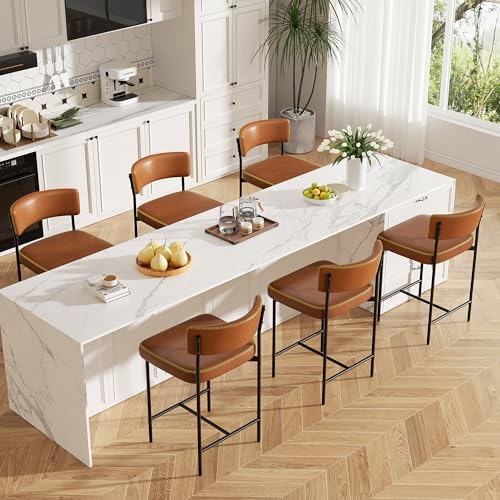 Image of Bar Stools Set of 6, Faux Leather Counter Height Barstools with Curved Back, 25 Inch Upholstered Bar Chairs, Modern Counter Stools for Kitchen lsland, Caramel