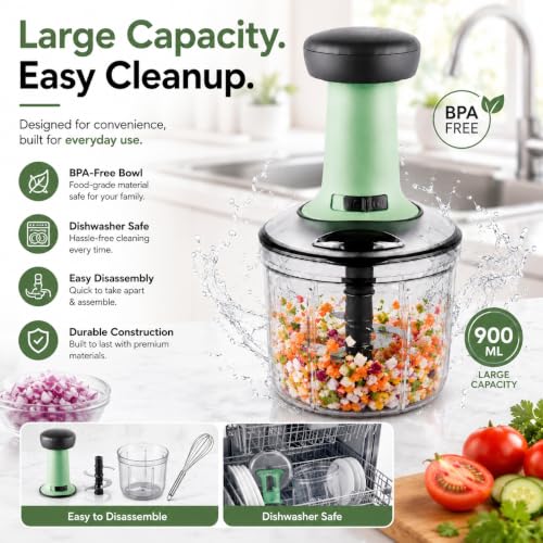 Image of Food Chopper 900ml, 4 Blade Steel Large Manual Hand-Press Vegetable Chopper Mixer Cutter to Cut Onion, Salad, Tomato, Potato 1000ml (Pack of 1 Free Whisker)