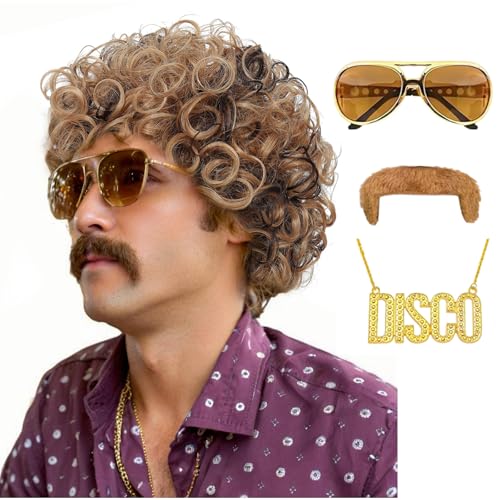 Image of 70s 80s Disco Costume Wig Set for Men - Afro Curly Wig with Mustache, Gold Sunglasses & Disco Necklace, Halloween Cosplay 70s Party Outfit Accessory (Blonde Mixed Brown)