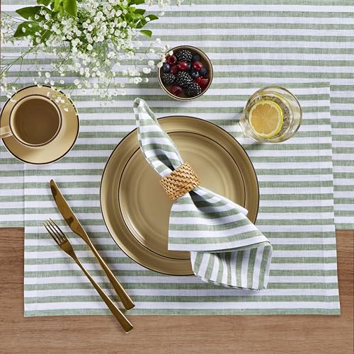 Image of Solino Home 100% Pure Linen Placemats, 14 x 19 in, Green Striped, Set of 4