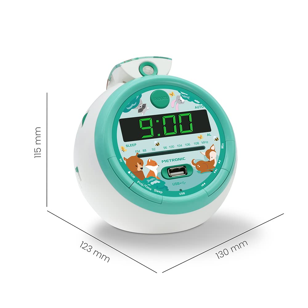 Metronic 477343 - Radio Reloj Despertador Digital para niños, con Reloj proyector Techo para Leer la Hora, diseño Infantil Forest con Animales del Bosque, Doble Alarma Radio FM, Toma USB