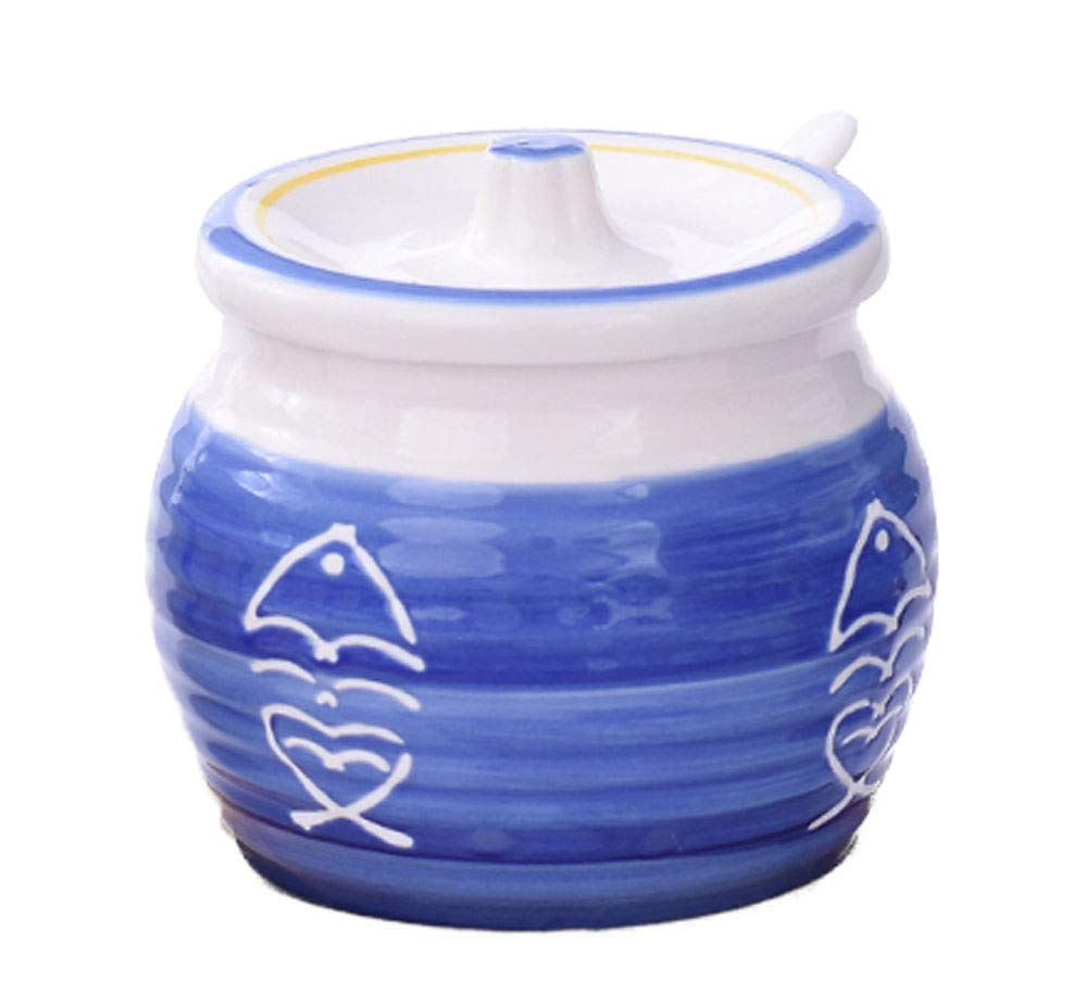 FUYU Hand-painted Quaint Ceramic Condiment Pot Seasoning Jar Sugar Bowl with Lid and Spoon