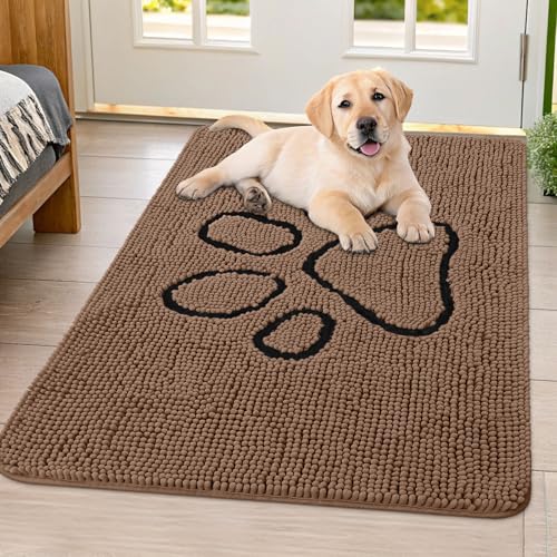 Image of Smiry Dog Door Mat for Muddy Paws, Absorbent Dirt Trapper Non Slip Quick Dry Washable Chenille Mat for Mud Dogs, Entry Rug for Indoor and Outdoor (40x32 Inches, Coffee and Black)