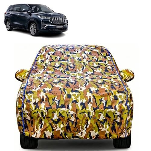 Image of Waterproof Car Body Cover for Toyota Innova with Mirror Pocket| Cotton Inner Lining | Triple Stitched | All Weather Protection | Dust, UV & Rain Proof (Camouflage with Blue Piping)