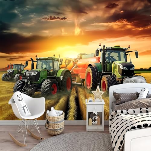 Fototapete Bauernhof Traktor Sonnenuntergang Wandtapete Bildtapete Wand Dekoration 3D Tapete Effekt 200 x 140 cm Wohnzimmer Schlafzimmer Babyzimmer Vliestapete Wandtapete UV-Beständig Orange Farbe