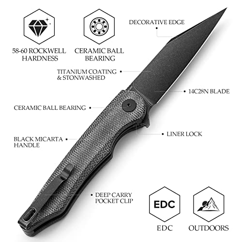 Trivisa Folding Knife With Flipper Opening,Pocket Clip Micarta Handles Edc Folded Knives For Men,3.7" Titanium Coating Stonewash 14C28N Blade,Ball Bearings Pivot,Gift Box,Lynx-04 #TOP1