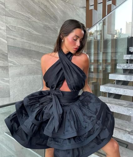 Homecoming Dress for Teens Halter Sleeveless Cocktail Party Dress Puffy A Line Satin Short Prom Gown PH082