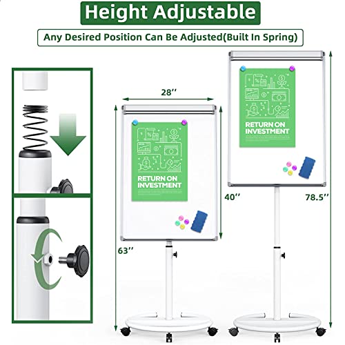 Mobile Whiteboard, Magnetic Rolling Dry Erase Board 40X28 Inch Height Adjustable Movable Round Flip Chart Easel Standing White Board With Stand, Magnets, Dry Erase Markers, Eraser (White) #TOP1