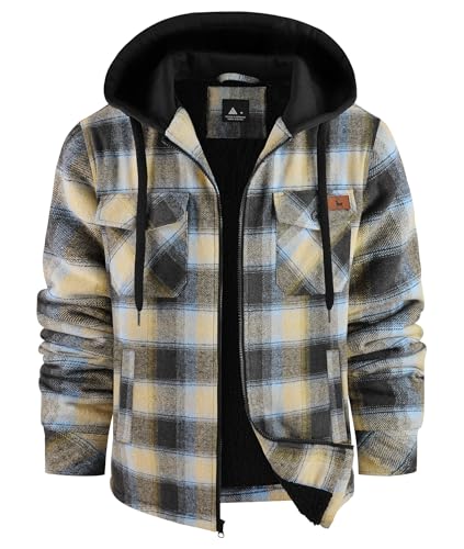 Image of V VALANCH Men's Flannel Shirt Jacket with Hood Fleece Lined Plaid Jacket Zip Up Winter Warm Coat
