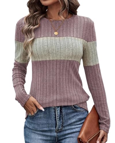 Image of SherryDC Women Long Sleeve Tunic Shirts Lightweight Thin Sweater Color Block Ribbed Casual Crewneck Fall Top