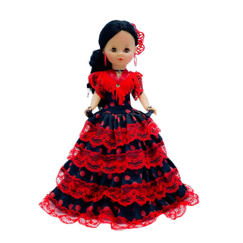 Folk Artesanía Muñeca Sintra Original 40 cm. colección Regional Vestido típico andaluza Flamenca peineta peina Andalucía, Fabricado en España (Negro Lunar Rojo)