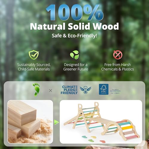 Image of BlueWood 10-in-1 Pikler Triangle Set, Toddler Climbing Toys Indoor, Montessori Climber, Baby Jungle Gyms with Arch, Extra Rope Ladder & Footprint Balance Beam - Rose Garden