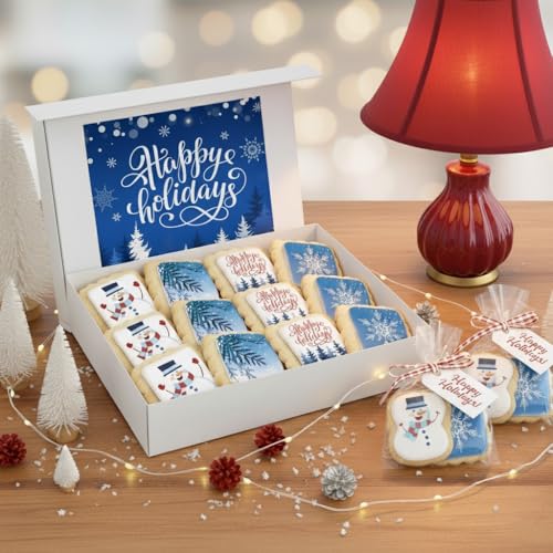 Image of Happy Holidays Cookies Gift Basket for Men Women Kids | Holiday Gourmet Corporate Food Gift INDIVIDUALLY WRAPPED | 12 Decorated Sugar Cookies Winter