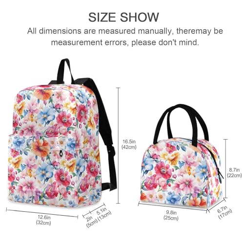 Backpack Lunch Box Set Large Capacity Travel Backpacks and Insulated Lunch Bag for Commute Hiking Picnic Vivid Flowers Print2