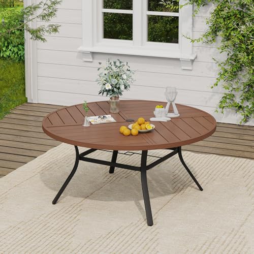 Image of VICLLAX 53 inch Round Outdoor Table, Patio Dining Table for 8 with Umbrella Hole for Garden Lawn Deck Backyard, Walnut