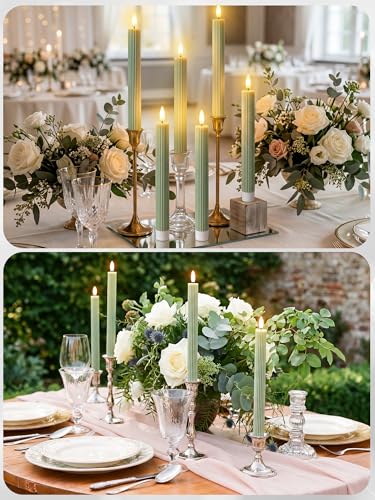 Image of Treela 24 Pcs Flameless Taper Candles Battery Operated ulkB Fake Candles Light LED Candle Sticks Flickering Tapered for Wedding Anniversary Holiday Decoration(Vertical Stripes,10 Inch,Dark Green)