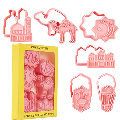 Eid Mubarak Cookie Cutters 6pcs Set Islamic Muslim Ramadan Sugar Cookie Pie Crust Cutter Baking Biscuit Mold Pastry Fondant Stamper Cake Decorating Tool Pink