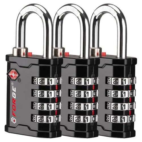 Image of FORGE 4-Digit TSA Approved Travel Locks - TSA008 Key System, Key Duplication Impossible, Heavy-Duty Combination Padlock for Travel, Gym, Pelican Case. Black 3 Locks.